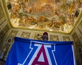 Marc Sanchez, studying Spanish and studio art, displays a UA flag in the Villa Borghese in Rome. Marc Sanchez, studying Spanish and studio art, displays a UA flag in the Villa Borghese in Rome.
